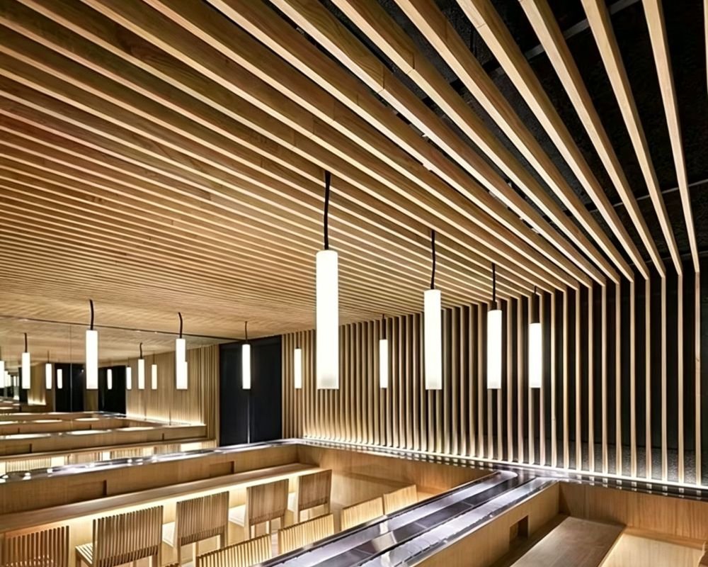 About Us 9 Modern ceiling application with decorative WPC ceiling panels in architectural interior space
