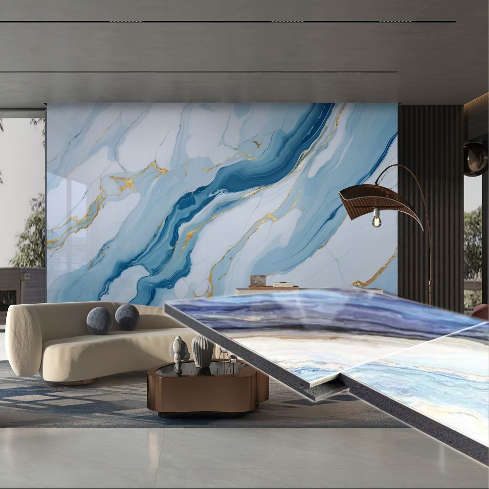 3D Printing Wall Panel Installed in a Modern Living Room Featuring Green Marble Digital Printed Wall Design