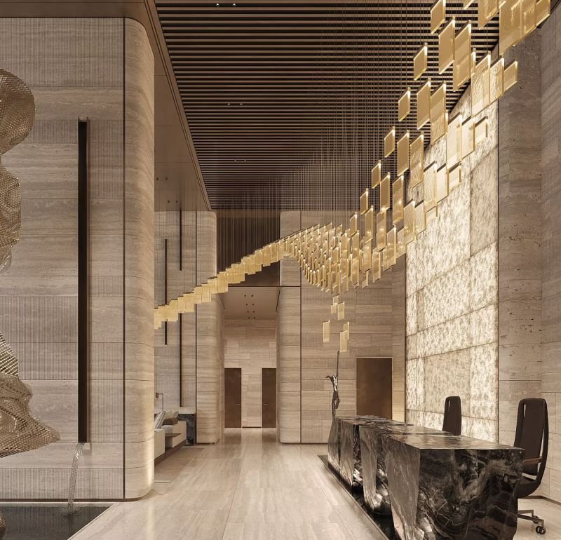 Hotel interior decoration with carbon crystal wall panels in luxury modern hotel lobby design