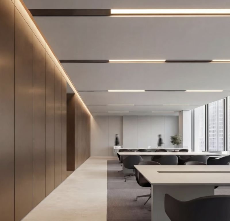 Office interior wall decoration with carbon crystal wall panels for modern workspace design