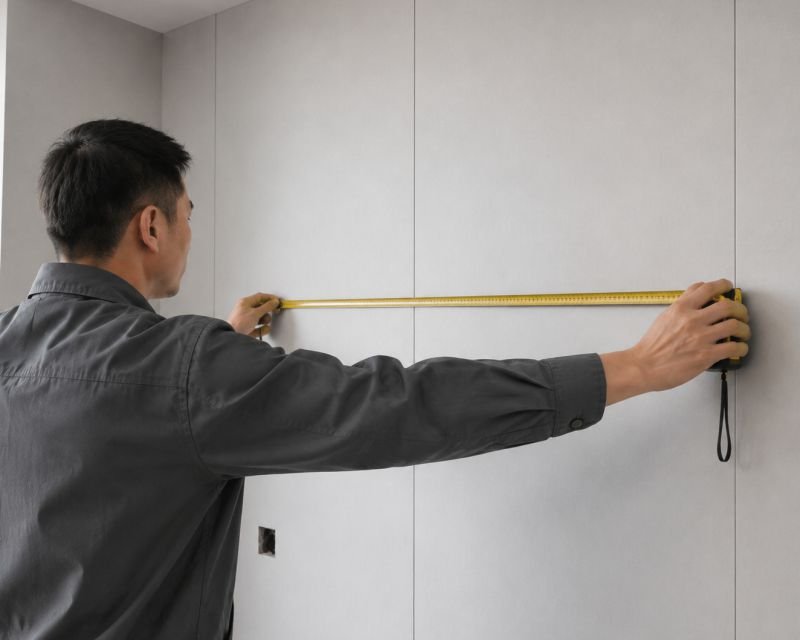 Carbon Crystal Wall Panel installation Step 1 measuring wall surface for accurate interior wall cladding layout