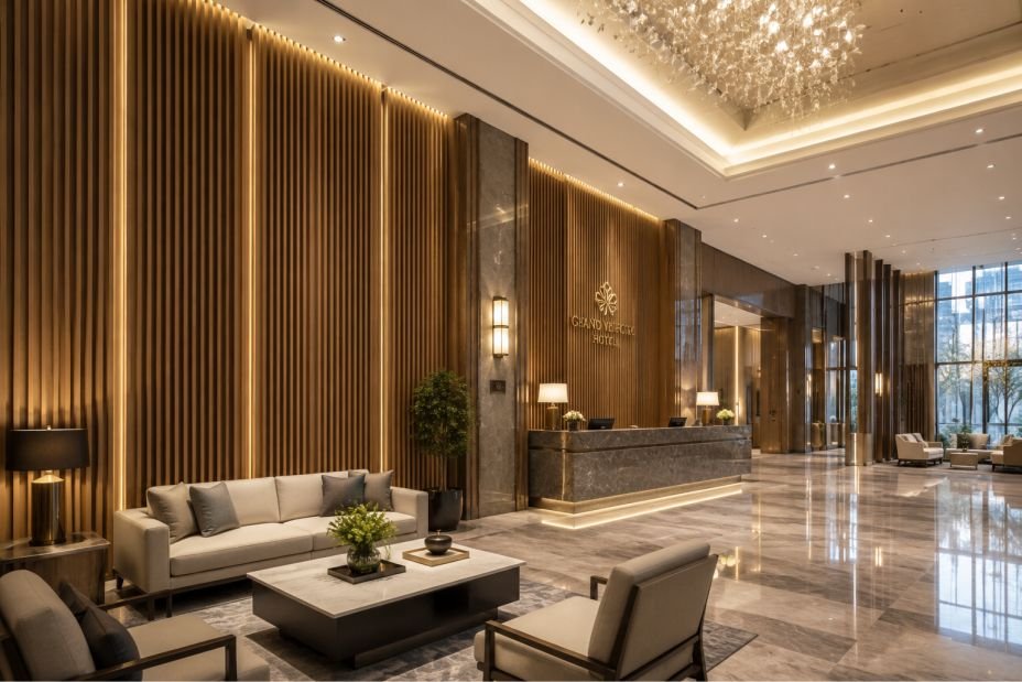 Wholesale WPC Wall Panels: 12 Benefits for Global Buyers in 2026 2 wholesale wpc wall panels bulk order luxury hotel interior wall design with modern wood plastic composite wall cladding
