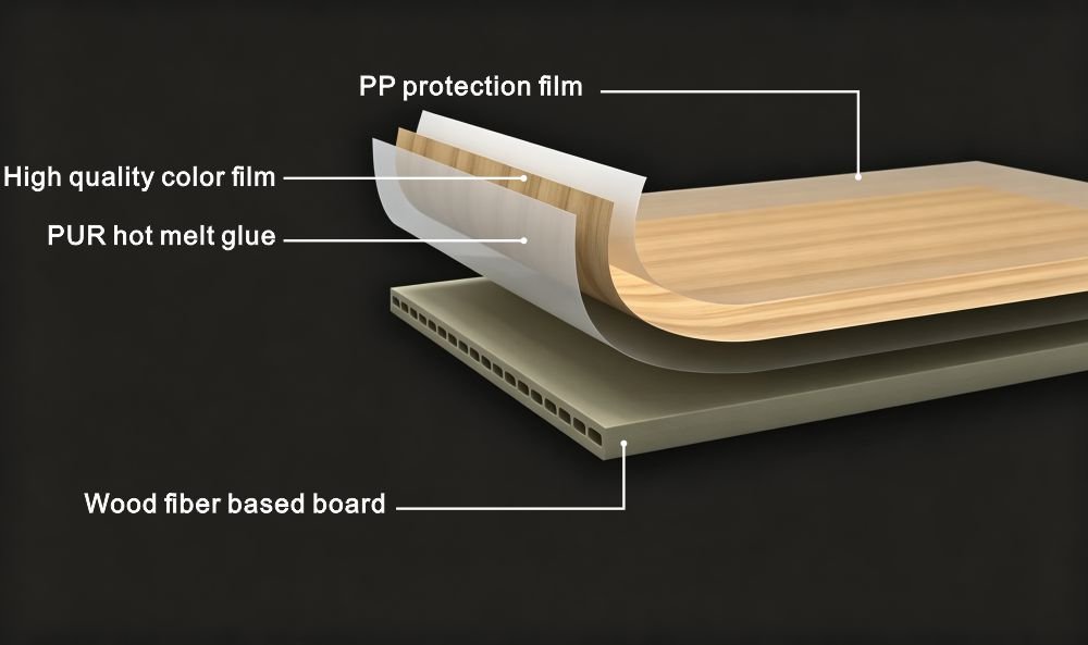 Bamboo Wood Fiber Wall Panel structure diagram with decorative film, PUR hot melt adhesive, and high-density bamboo wood fiber core