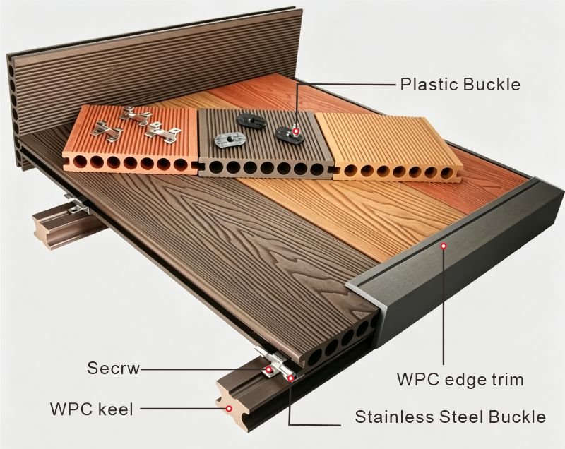 3D Embossed WPC Decking Manufacturer 18 Outdoor WPC Decking installation accessories including clips screws and joists