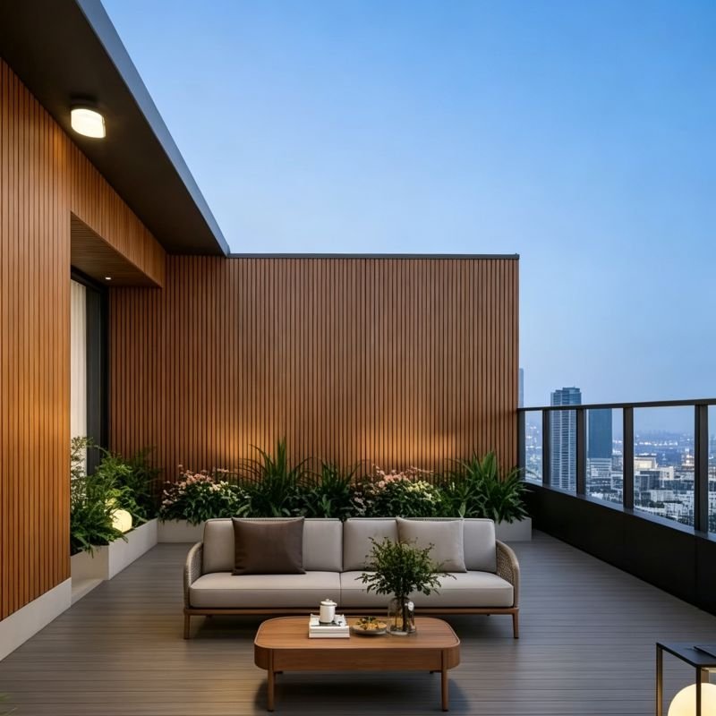 Terrace outdoor wall decoration using WPC exterior wall panels