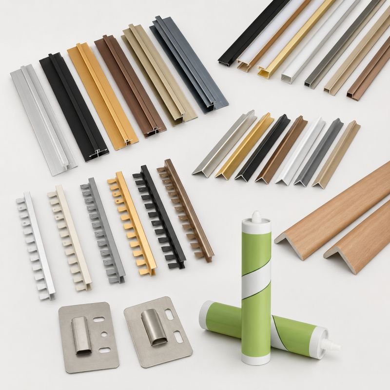 Indoor WPC wall panel accessories including aluminum trims, decorative edge profiles, clips, and structural adhesive