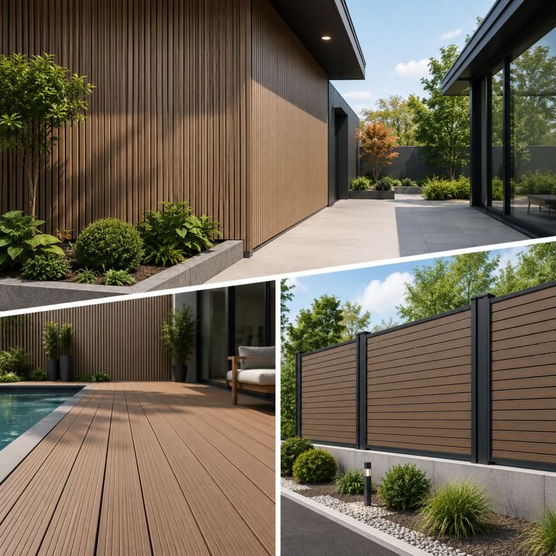 Outdoor building products including WPC wall cladding, decking and fencing