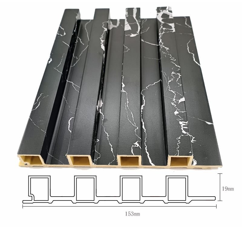 WPC Fluted Wall Panel for Villa Interior showing marble texture finish, lightweight hollow core structure, and panel profile details