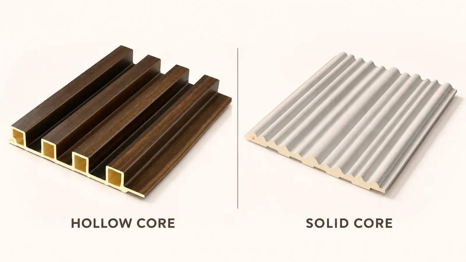 Hollow and solid WPC fluted wall panel samples showing their core structures