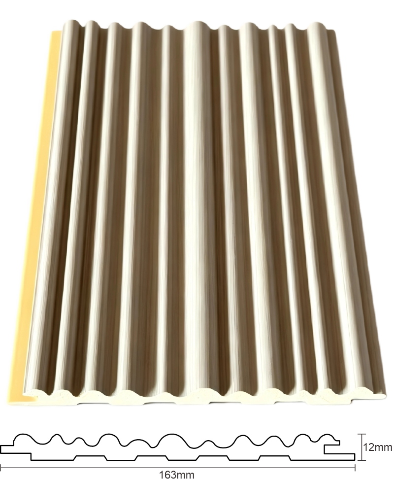 163 × 12 mm Solid WPC Fluted Wall Panel 2 Close-up of a beige 163 × 12 mm solid WPC fluted wall panel profile
